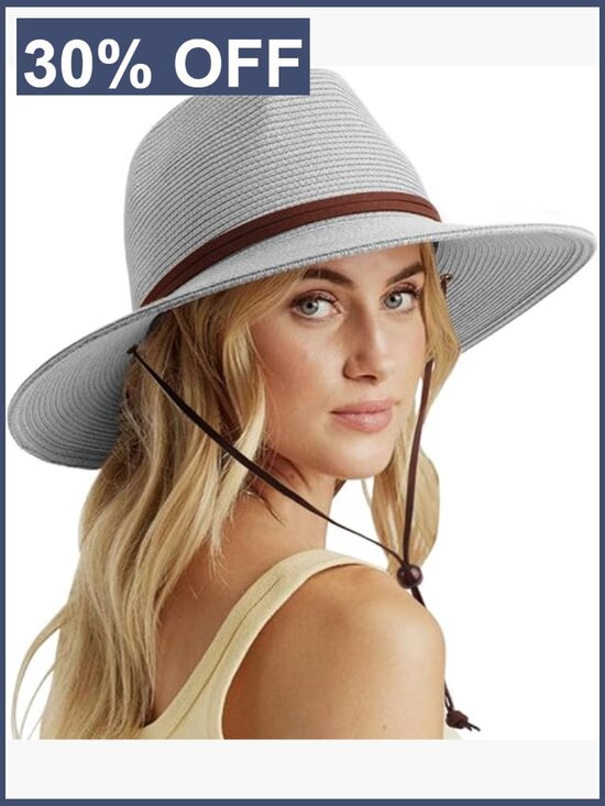Wide Brim Straw Sun Hat with Chin Strap UPF 50+ Fedora Bucket Hat main image 6